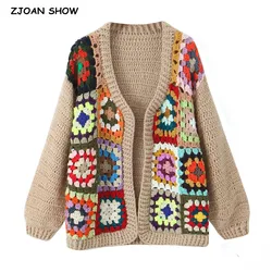 BOHO Colored Plaid Flower Hand Crochet Cardigan Vintage Woman V neck Long sleeve Open Stitching Sweater Loose Knitwear Jumper