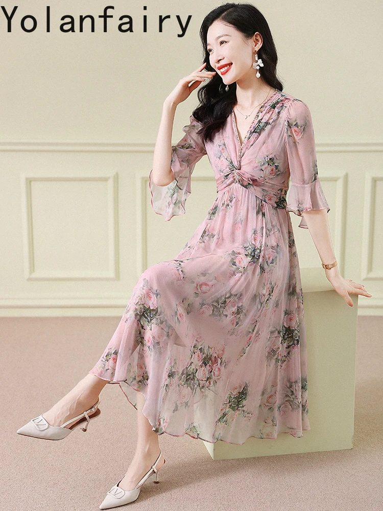 YOLANFAIRY 100% vera seta di gelso abito donna dolce ed elegante abiti da vacanza abbigliamento donna abito lungo floreale maniche svasate