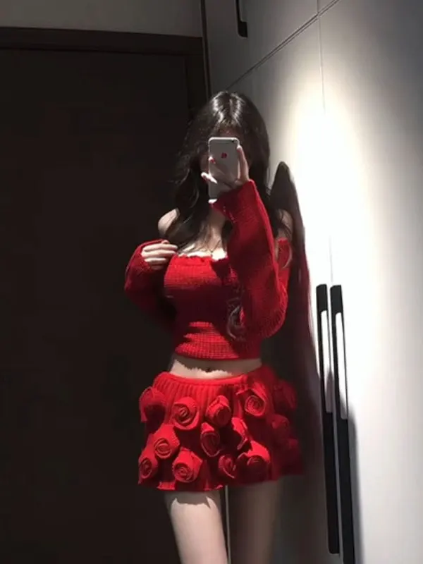 

Sexy oulder Bared Sweater And Floral Skirt Set Cisas Theme Two Piece Suit Comfortable mid Stretch High Waist ort Skirt