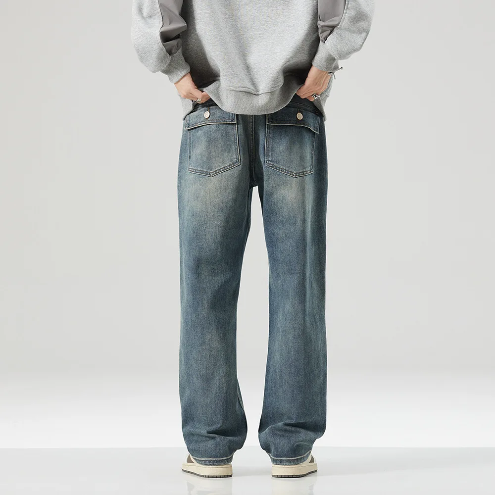 High quality long straight jeans for men big size stone wash cotton denim casual vintage loose trousers new 2024 clothing - blue