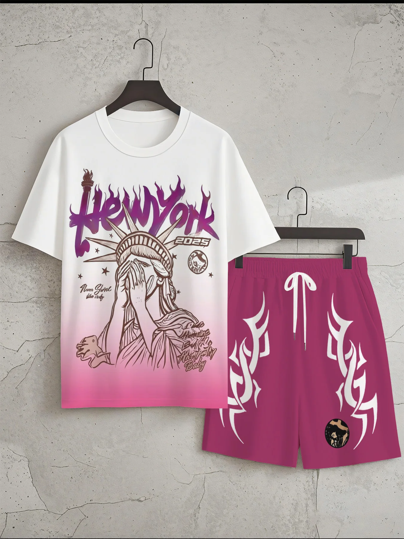 New men's summer Gothic Statue of Liberty print soft and breathable round neck T-shirt drawstring shorts set outdoor streetwear view 4
