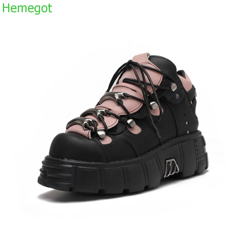 

Punk Metal Rivet Short Boots 2024 New Black Pink Mixed Color Lace Up Fashion Women Ankle Boot Round Toe Thick Sole Casual Shoes