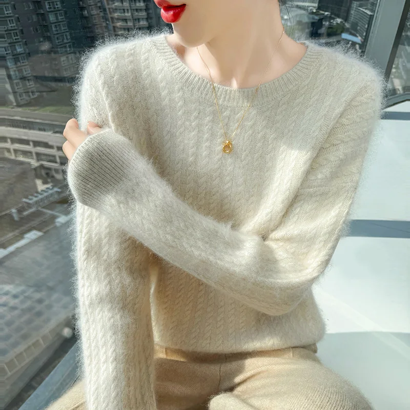 

O-Neck Simple Style 100% Mink Cashmere Sweater Autumn Winter Pullover Women Long Sleeve Knitwear Elegant Clothing Tops