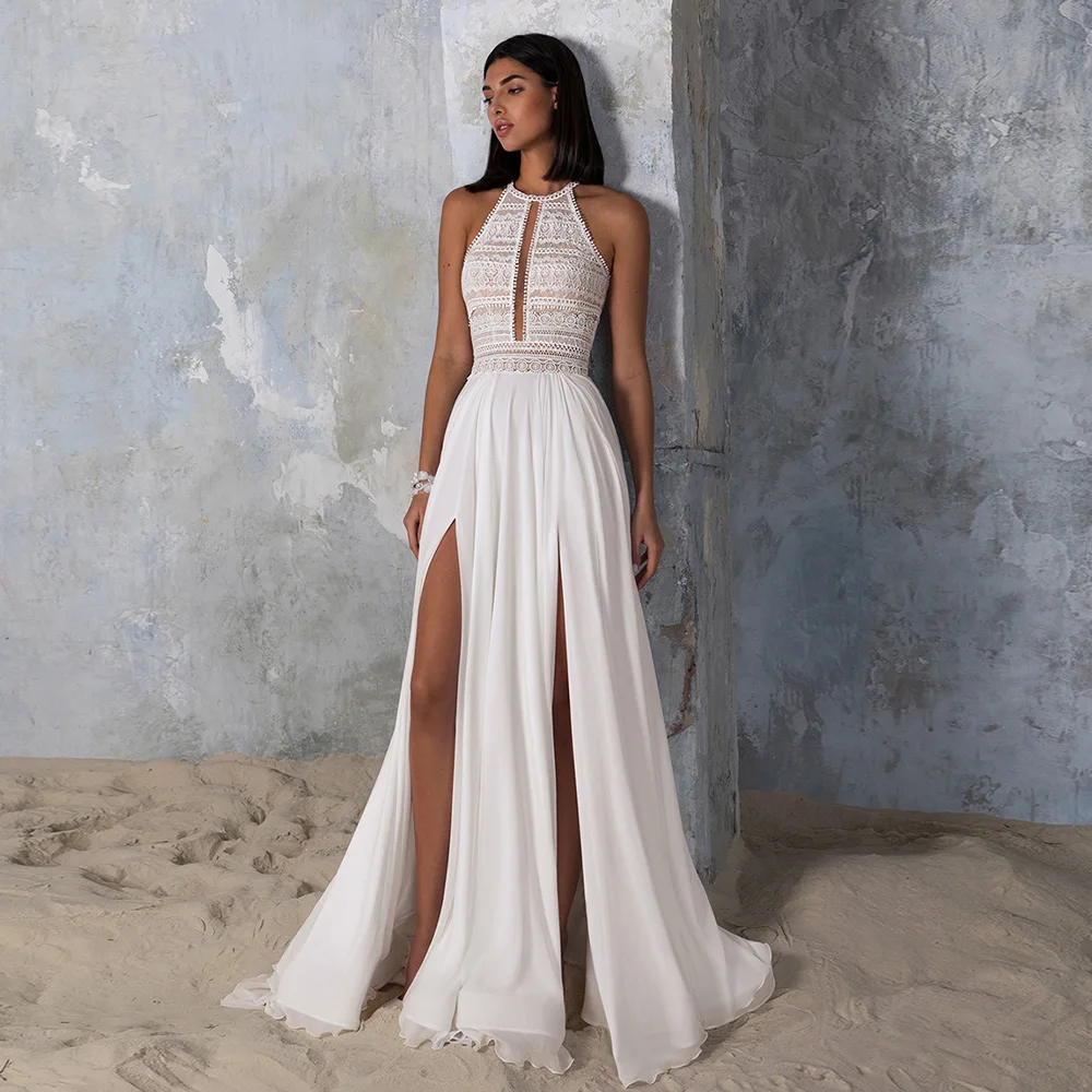 Abito da sposa Boho abito da sposa da spiaggia O collo senza maniche in Chiffon di pizzo bohémien una linea abiti da sposa Sweep Train Robe De Mariee