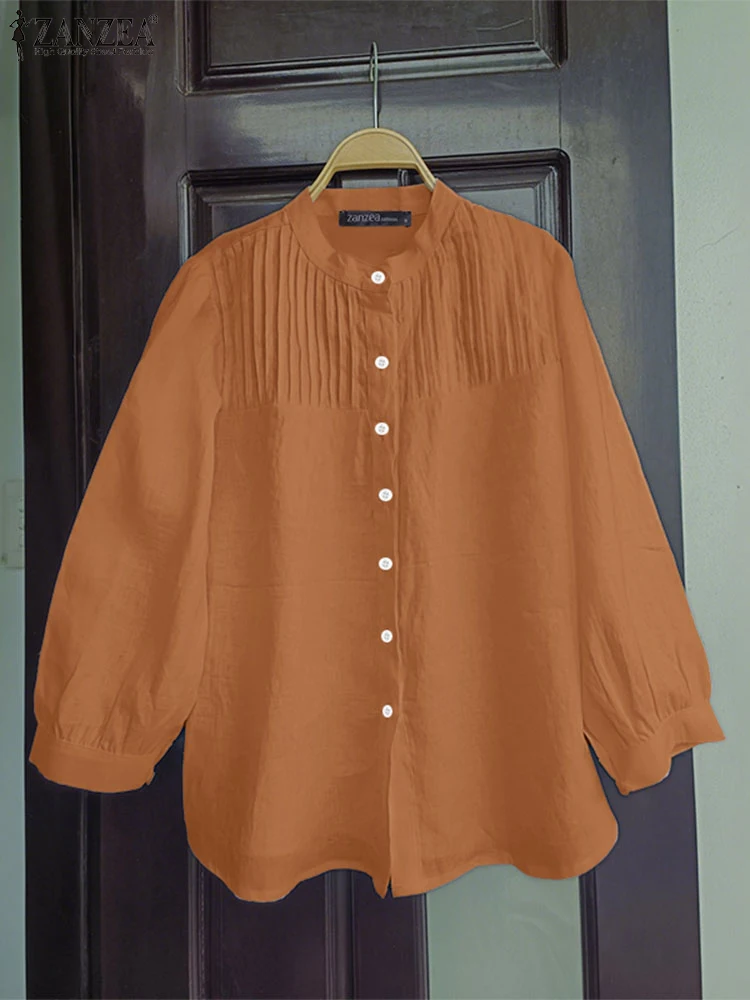 Camisas de oficina de otoño ZANZEA, Tops de manga larga con cuello levantado para mujer, blusa plisada lisa, camisa de trabajo OL elegante para mujer, Blusas con botones