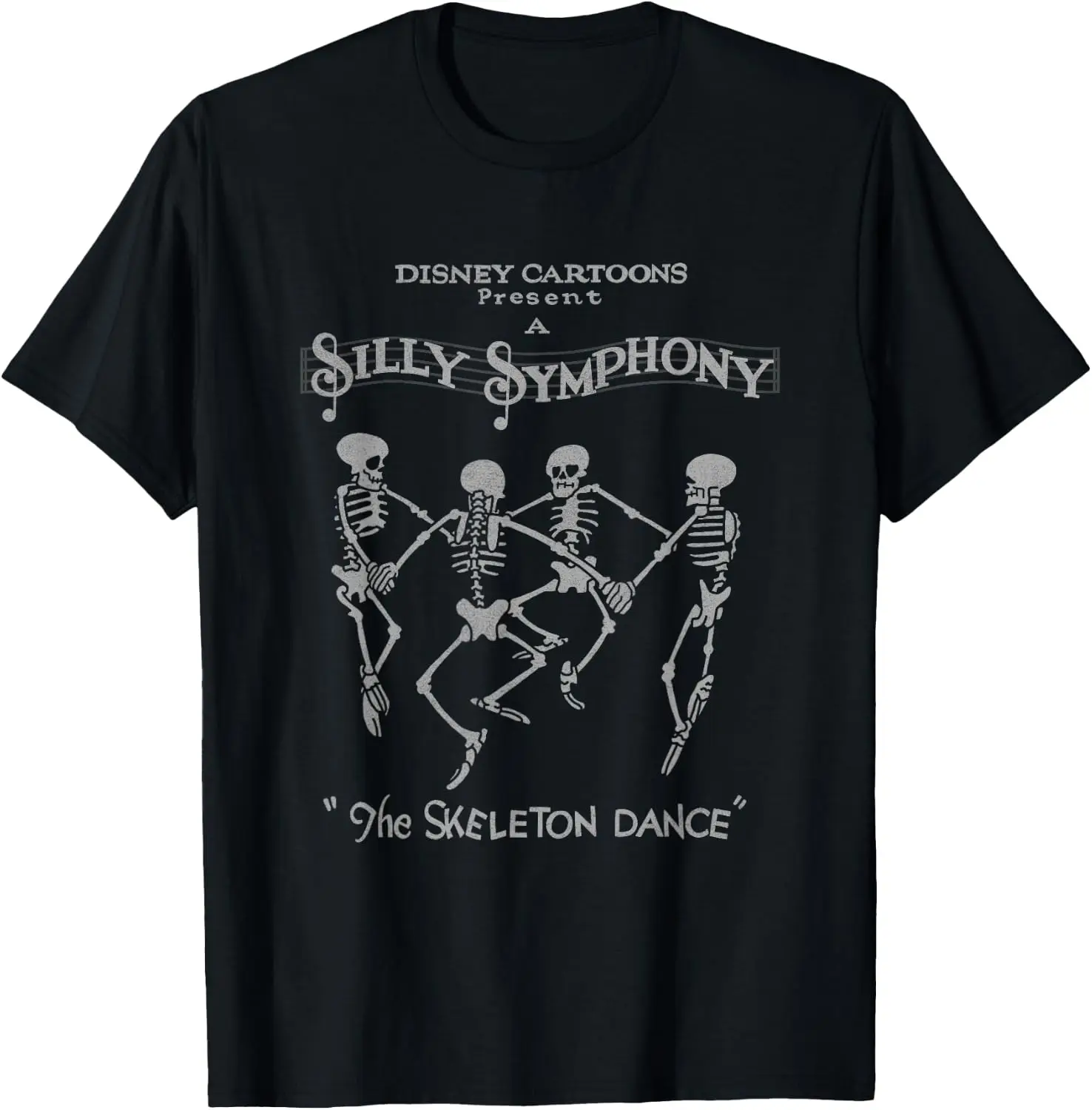 Silly Symphonies The Skeleton Dance Vintage Logo T-Shirt Men Halloween Festival Printed Graphic Tee, Casual Crew Neck Short Sleeve Spooky Gothic T‑Shirt for Holiday Party and Halloween Gift for Men.