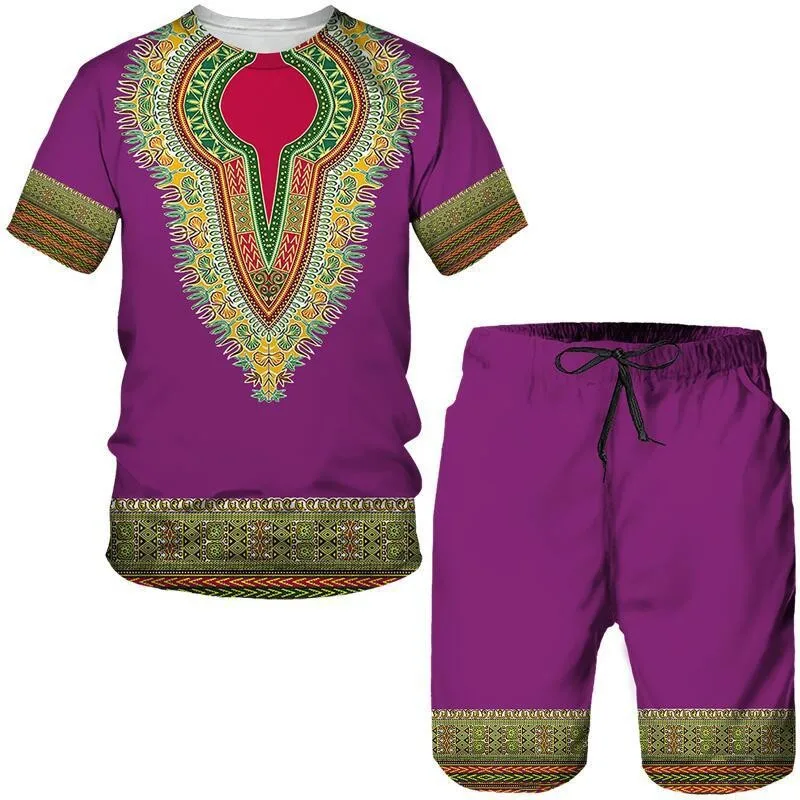 2025 Summer 3D Tribal Print New Men's and Women's Round Neck Short Sleeved Shorts Set Daily Casual Two-piece Set