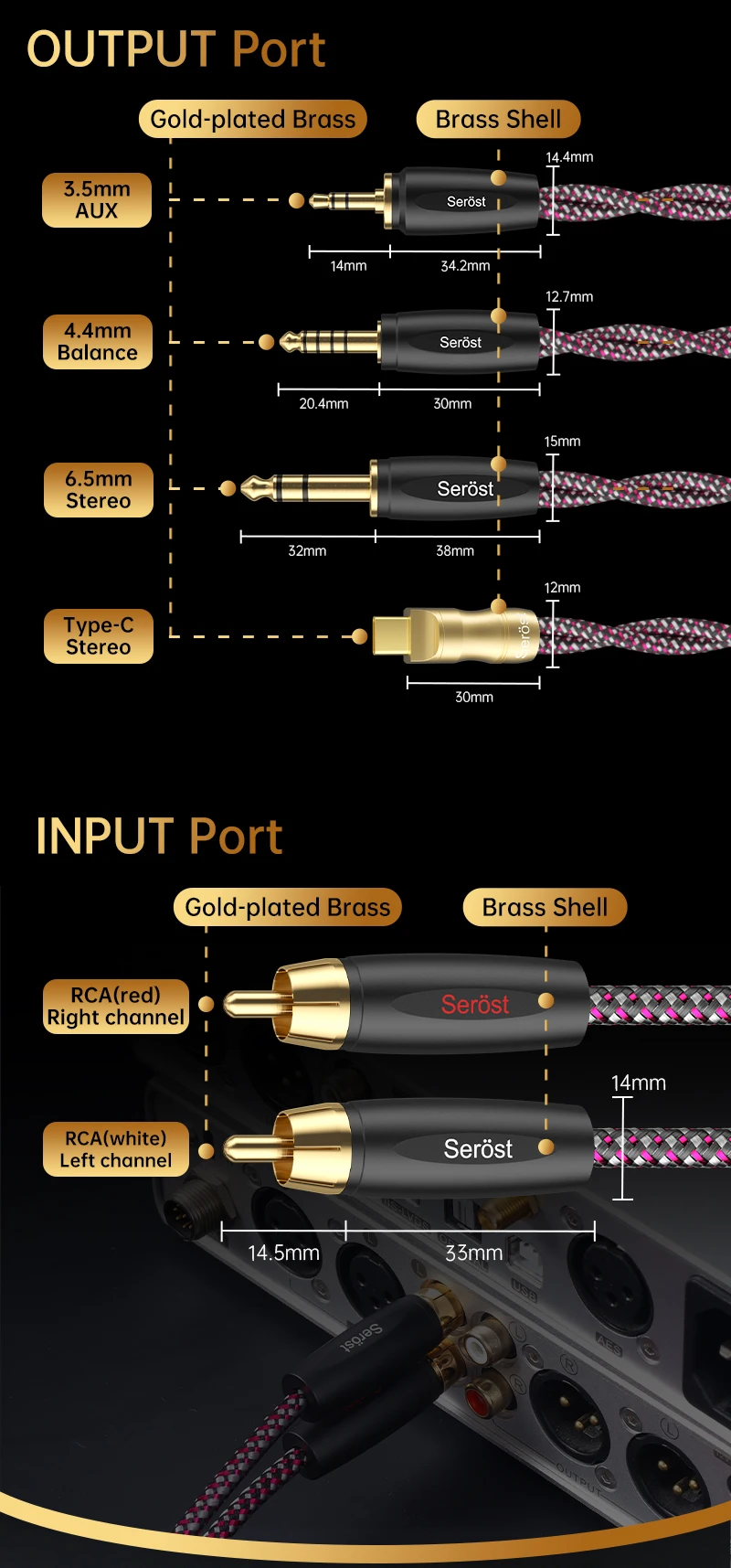 Serost Moon HiFi-Audiokabel Typ-C DAC 3,5mm 4,4mm 6,5mm Stereo zu Dual-RCA-Buchse für Musikplayer, Verstärker, Lautsprecher - OCC-Kabel – Detail 6