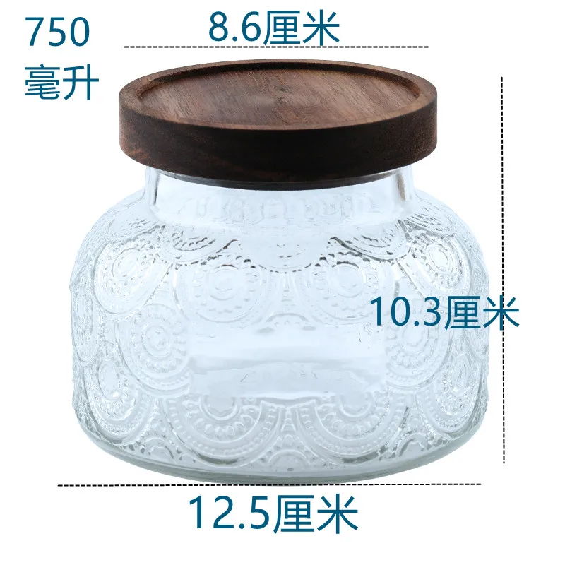 Retro American Carved Wooden Lid Sealed Glass Jar Food-grade Kitchen Grains Transparent Sub-bottling Household Storage Jar