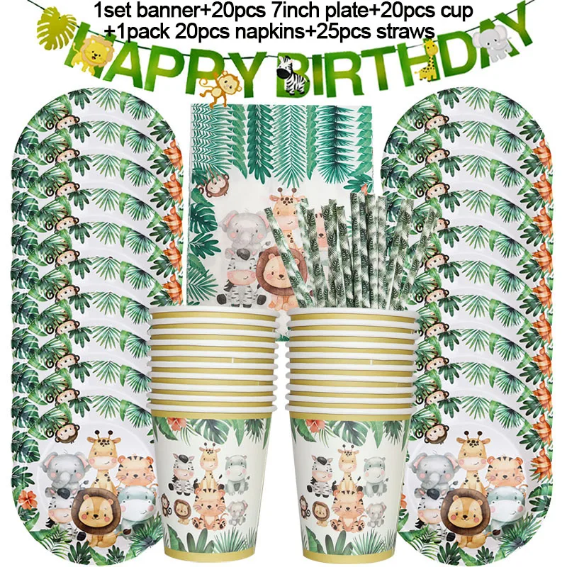 Jungle Animals Birthday Decoration Disposable Tableware Set Wild One Baby Shower Boy Kids Woodland Safari Bithday Party Supplies