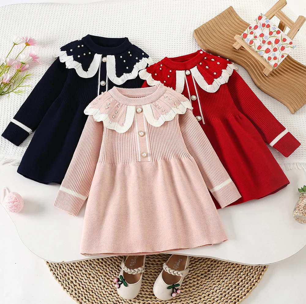 

2025 Fall Girls Knit Dress Princess Lace Trim Sweater Dress for Toddler Kids Comfortable Stretchable Elegant Cute Party Outfit‌