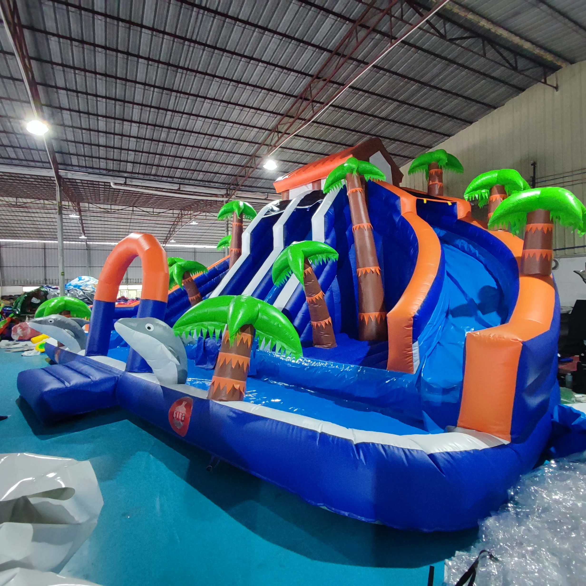 

Summer Party Rentals Commercial Tropical Marble Blue Inflatable Water Slide Backyard With Pool