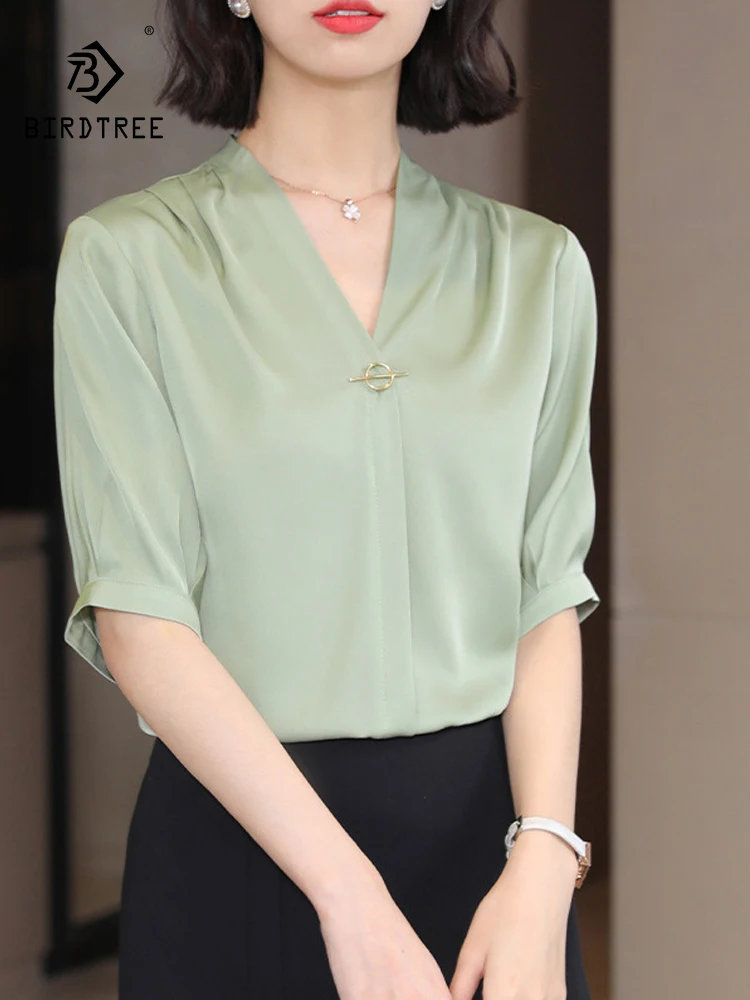 

BirdTree, 91.7%Natural Silk Elegant Shirt, Women Half Sleeve V Neck Solid, Commute Fashion Blouses, 2024 Summer Autumn T47601QC