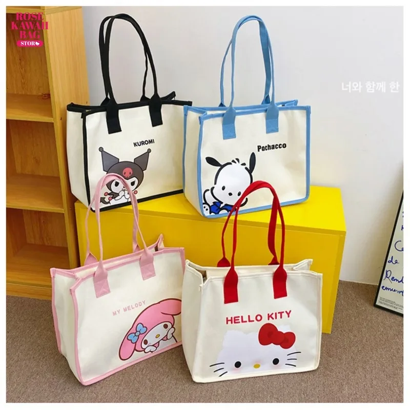 

Kawaii Hello Kitty Kuromi Melody Crossbody Bag Cartoon High-capacity Handbag Canvas Girl's Heart Portable Zipper Bag for Girls