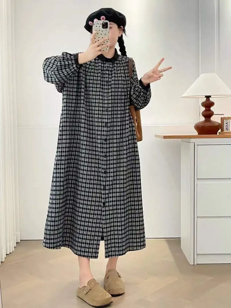Abito camicia monopetto in cotone scozzese vintage giapponese Mori Girl Abito longuette casual a maniche lunghe con colletto alla coreana autunnale da donna