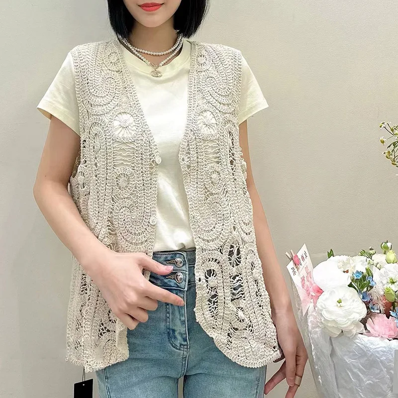 Gilet pour femme, design coloré, confortable et élégant, décontracté, crochet fleuri, été, nouveau, polyvalent, haut ajouré