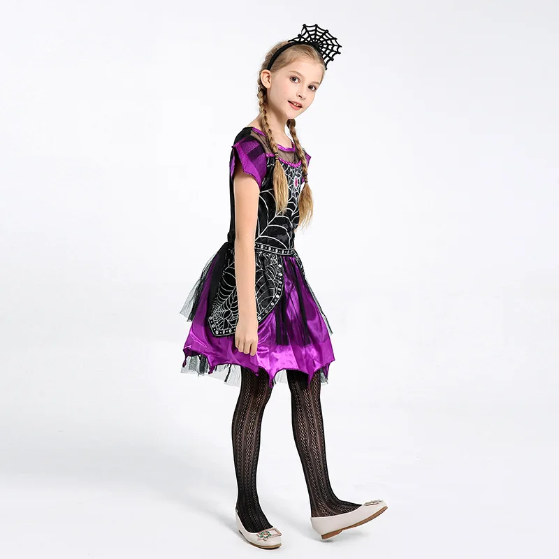 Girls Halloween Spider Witch Cosplay Dress Purple Black Sweet Short Sleeve Spider Web Party Dresses view 3