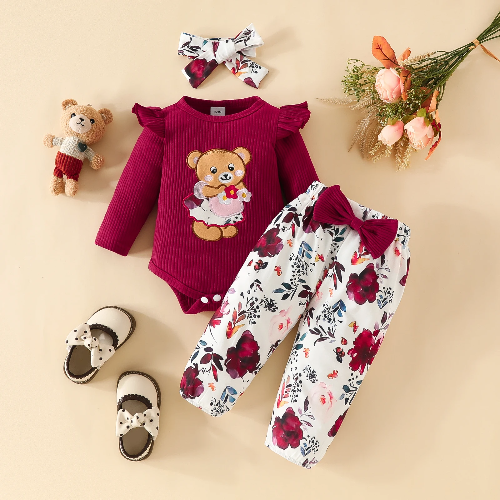 0-18 Months Newborn Baby Girl Clothing Long Sleeve Romper Bear Pant with Hat & Headband Spring 3PCS Outfit Toddler Girl Clothe