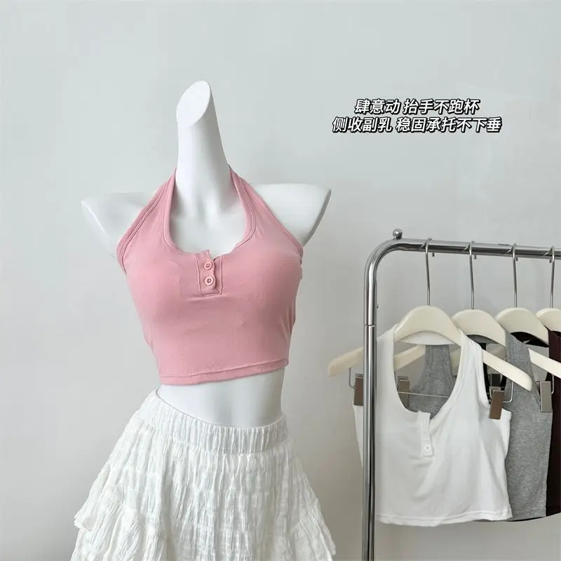 

Korean Style Sexy Pure Desire Halter Neck Camisole Summer Hot Girl Fashion Outerwear Inner Wear with Chest Pad Slim Fit Top Tren