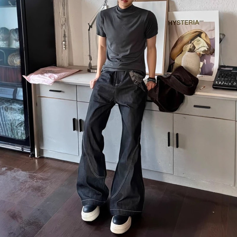 Retro High-waisted and Slightly Pulled Jeans Men's Spring Design Sense Splicing and Thin Wide-leg Floor-mopping Trousers