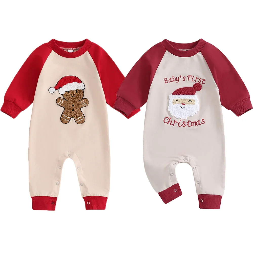 Christmas Newborn Baby Girls Boys Rompers Santa Claus/Gingerbread Man Embroidery Long Sleeve Crew Neck Contrast Color Jumpsuits