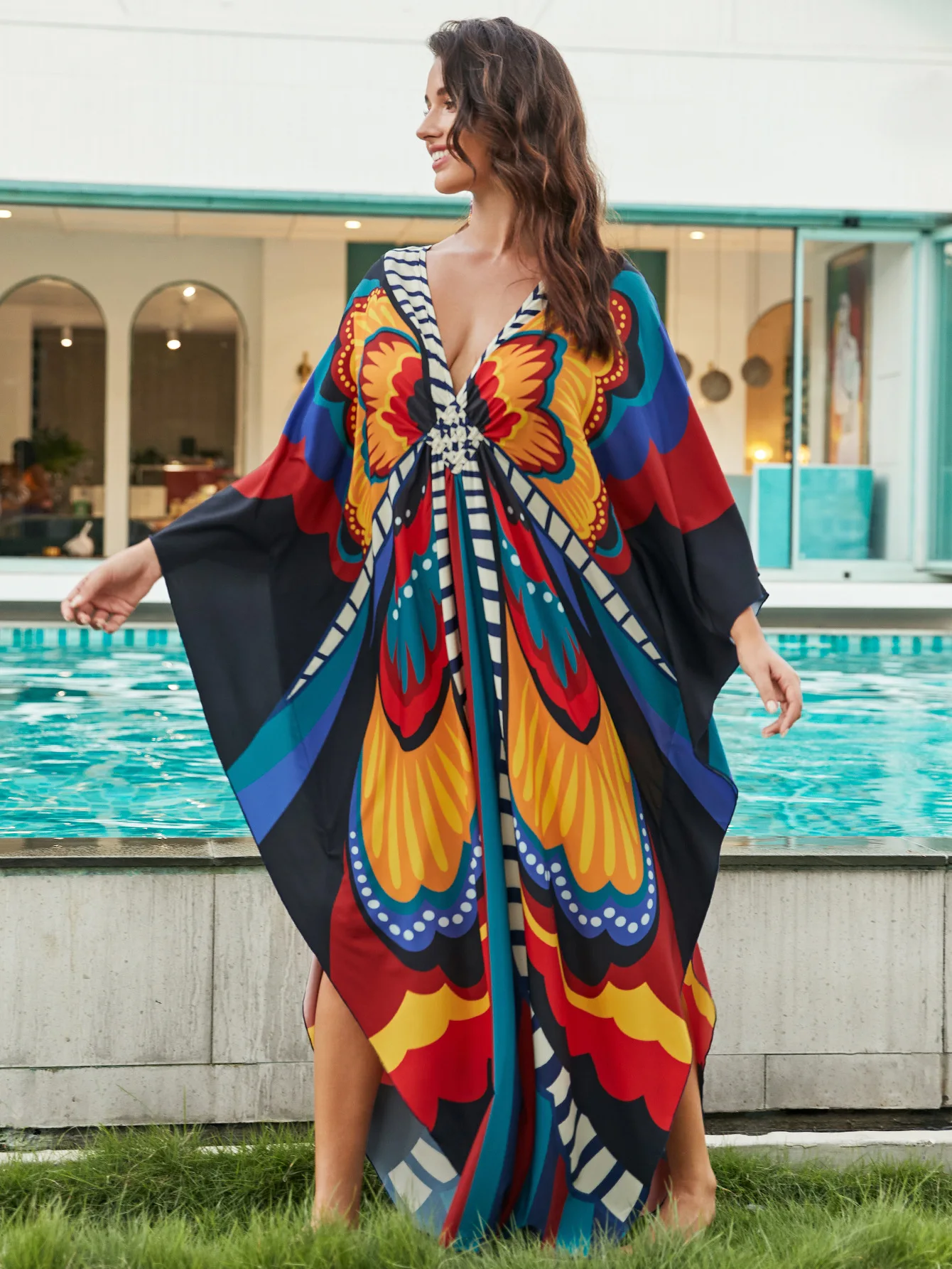 Plus rozmiar sukienki Kaftan dla kobiet drukuj bikini na plażę strój kąpielowy kaftan mumu sukienka Batwing rękaw Cover Up