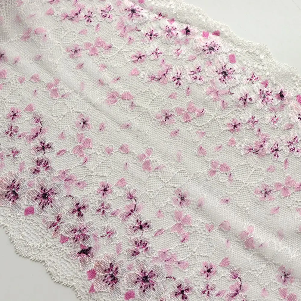 2 Yards 22 CM Width Small Floral Printed Stretch Elastic Lace Trim White Fabric Garment Bra Underwear Lingerie Sewing Trimmings