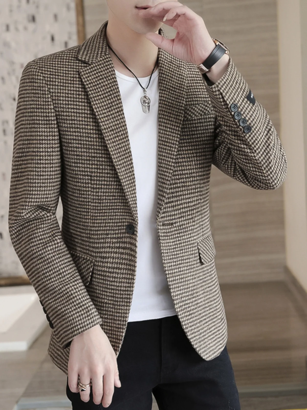 

Мужской повседневный костюм-жакет в клетку, осенне-весенний, молодежный, модный, приталенный, с узором «птичий глаз», из смесового полиэстера и хлопка