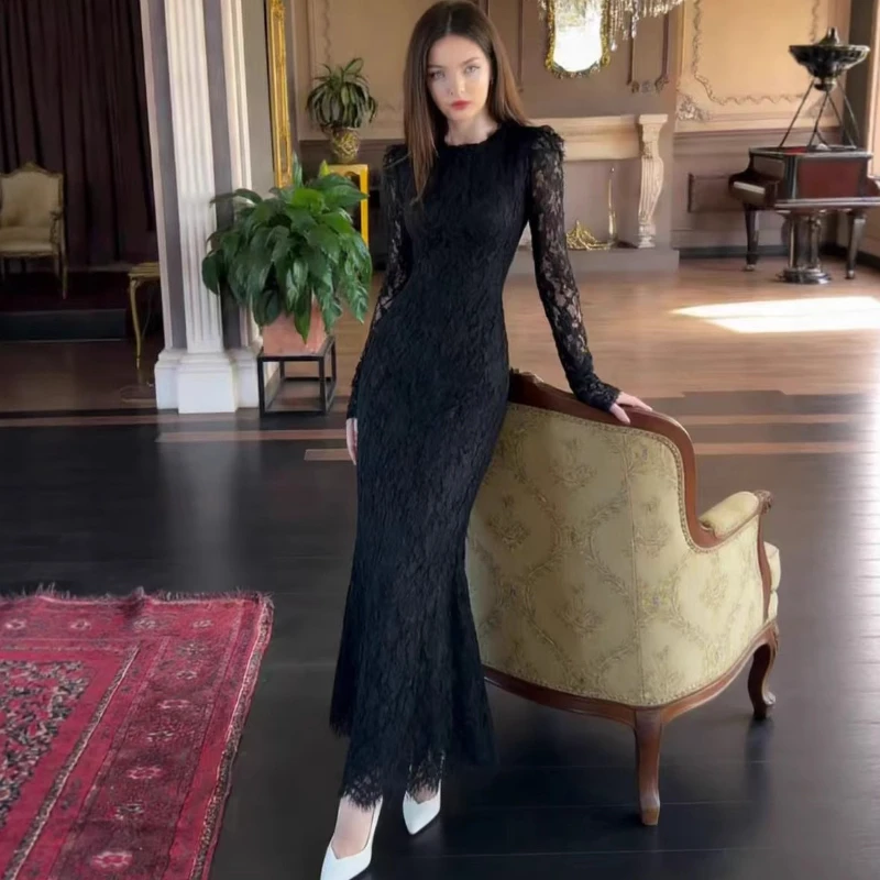 Langes Kleid für Damen mit Rundhalsausschnitt, Langen Ärmeln, Spitze, A-Linie, Hüftumwicklung, Enger Taille, Elegant, Figurbetont, für Partys und Abende, Y2k 2026