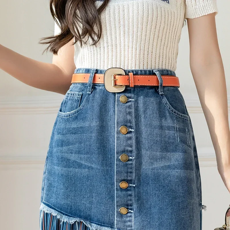 S-5XL Patchwork Pleated Jeans Skirts Women High Waist Ripped Skirts Vintage Elegant Korean Fashion Denim Skirts Big Size KS10294