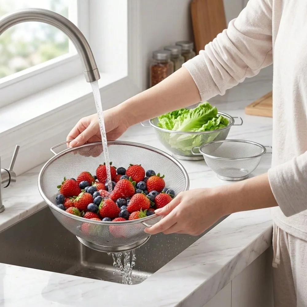 

3-Piece Heavy-Duty Stainless Steel Fine Mesh Colander Set - 18cm/20cm/22cm Sizes, Reinforced Double Handles, Solid Base, Rust-Proof Food Strainer For Rice, Pasta, Vegetables, Fruits & More, High-Temperature Resistant, Dishwasher Friendly, Essential Kitche