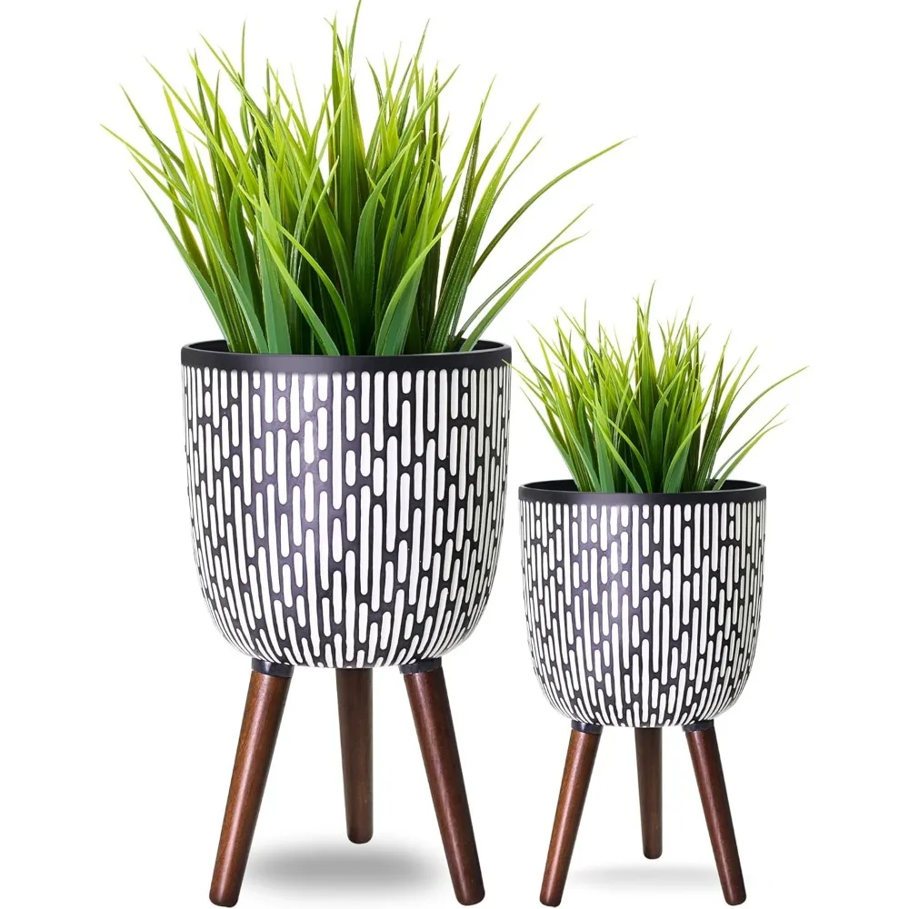 

2 Set Plant Pot with Stand 10 & 12 inches, Mid-Century Large Planter with Legs for Indoor Plants, Boho Print Standing Plant Pot