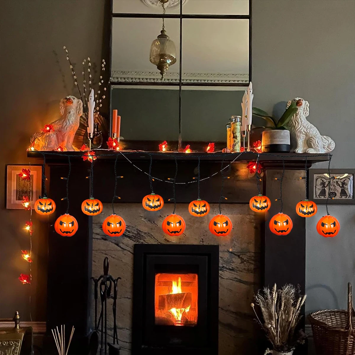 1pc LED Halloween Indoor Curtain String Lights With 10 Pumpkin and 25 Orange Mini Bulbs Ice Strip Light For Home Window Decor