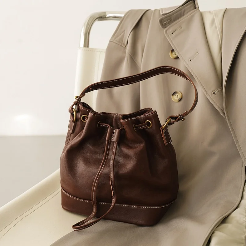 

Женская кожаная сумка-ведро среднего размера, сумка через плечо на шнурке, модная и функциональная сумка