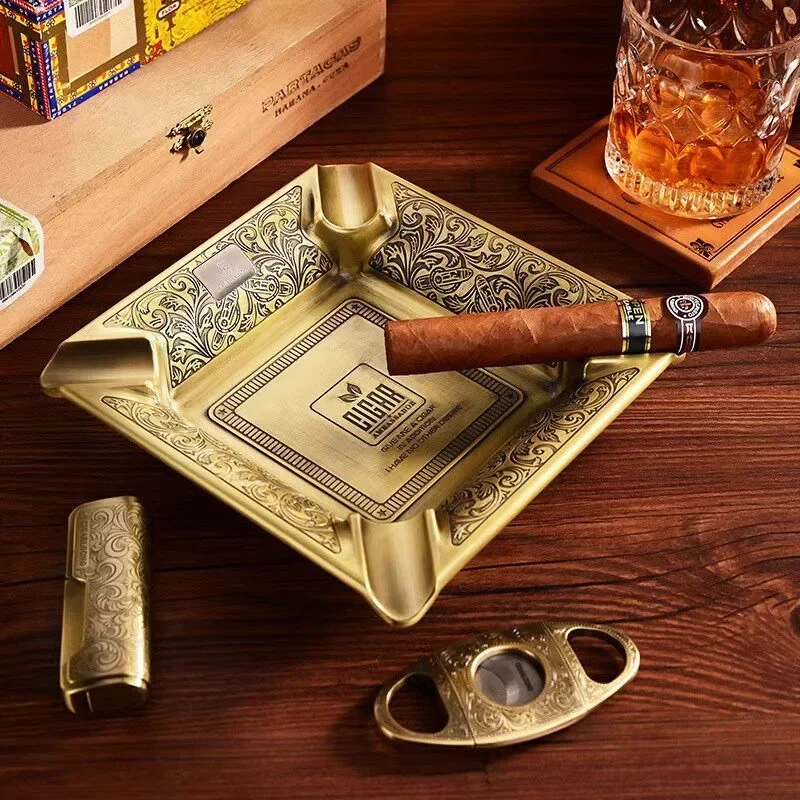 Luxury Large Square Cigar Ashtray, 4 Slot Copper Metal Ashtray with Classic Engraving, for Home Office Desk, Smoking Accessory