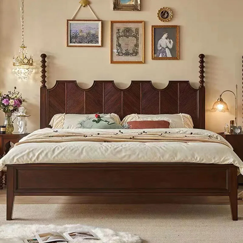 

Light luxury solid wood double bed, French country retro carved master bedroom furniture princess bed wedding bed