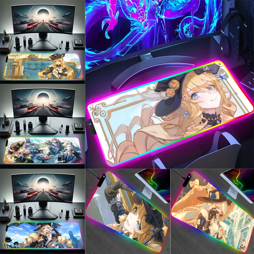 Anime Genshin Impact Navia RGB Pc Gamer Keyboard Mouse Pad Mousepad LED Glowing Mouse Mats Rubber Gaming Computer Mausepad