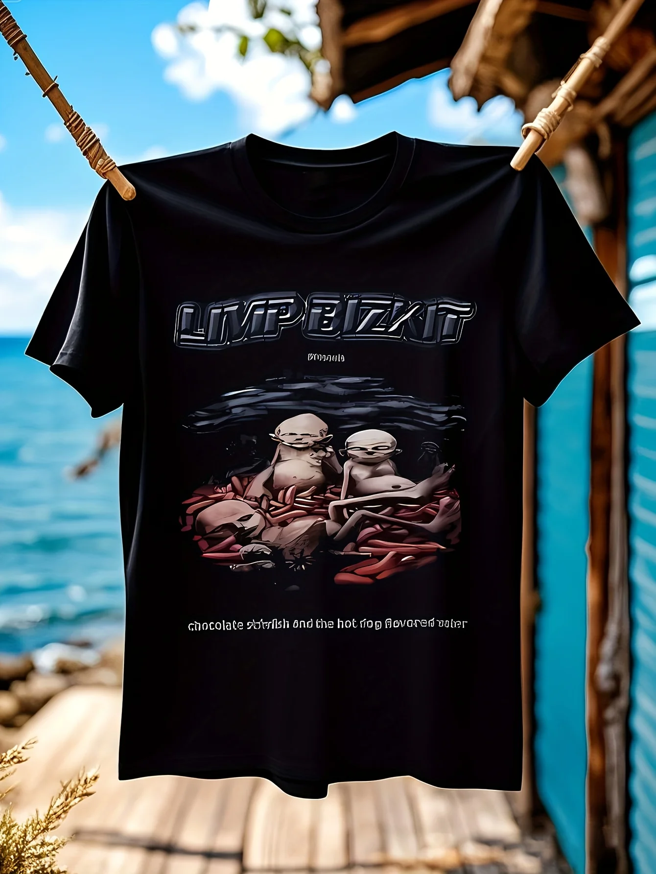 Футболка Limp Bizkit с шоколадной морской звездой и хот-догом со вкусом воды Vm7825 #   цвет: Черный, размер: L
