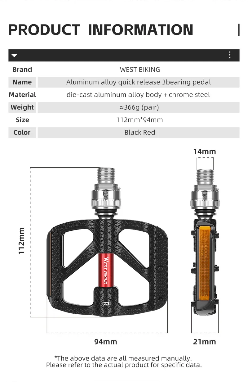 WEST BIKING Fahrrad-Schnellspannpedale mit 3 Lagern, verbreiterte 3-Lager-MTB-Rennradpedale, rutschfeste Aluminiumlegierung, Fahrradteile – Detail 1