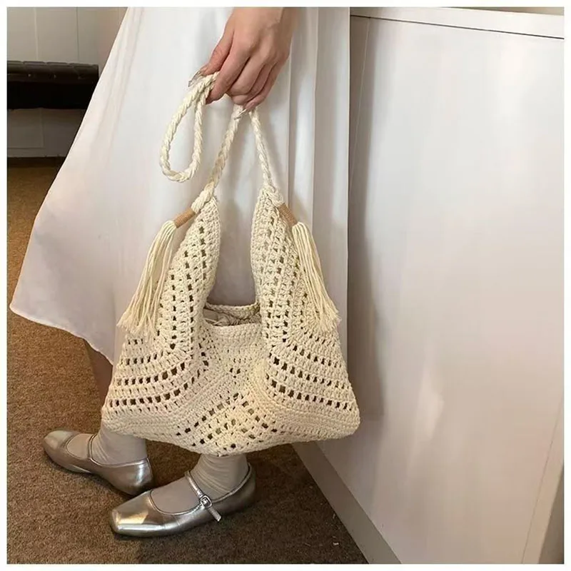 

Women's Summer Seaside Vacation One-shoulder Beach Bag Straw Tote Bag Lazy Style Relaxation Feeling Large Capacity Woven Bag