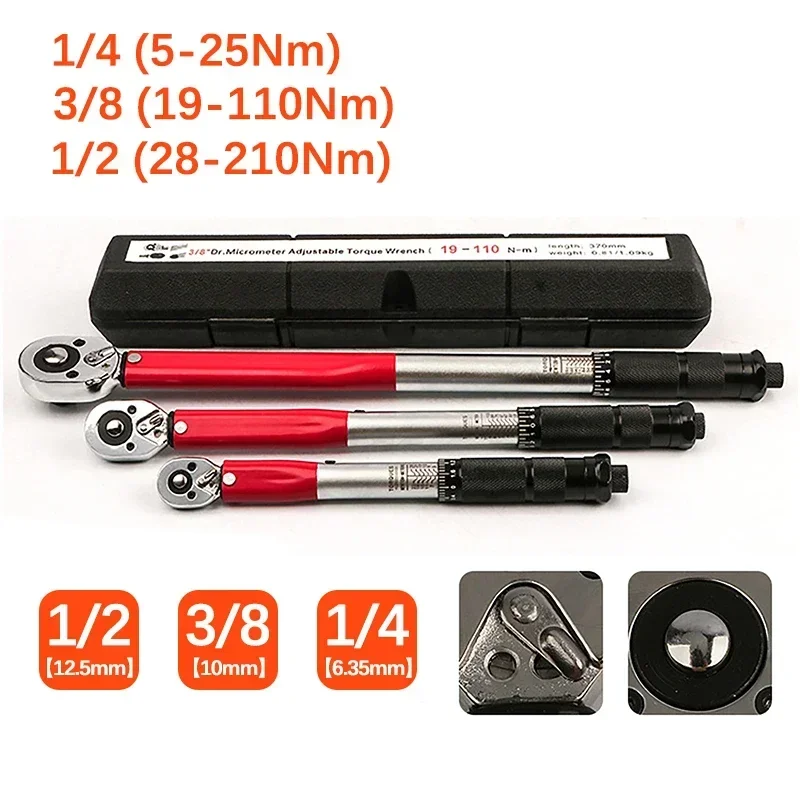 5-210N.m Torque Wrench 1/2'' 3/8'' 1/4'' Square Drive Preset Bicycle Torques Key Two-way Ratchet Car Bike Automotive Hand Tools