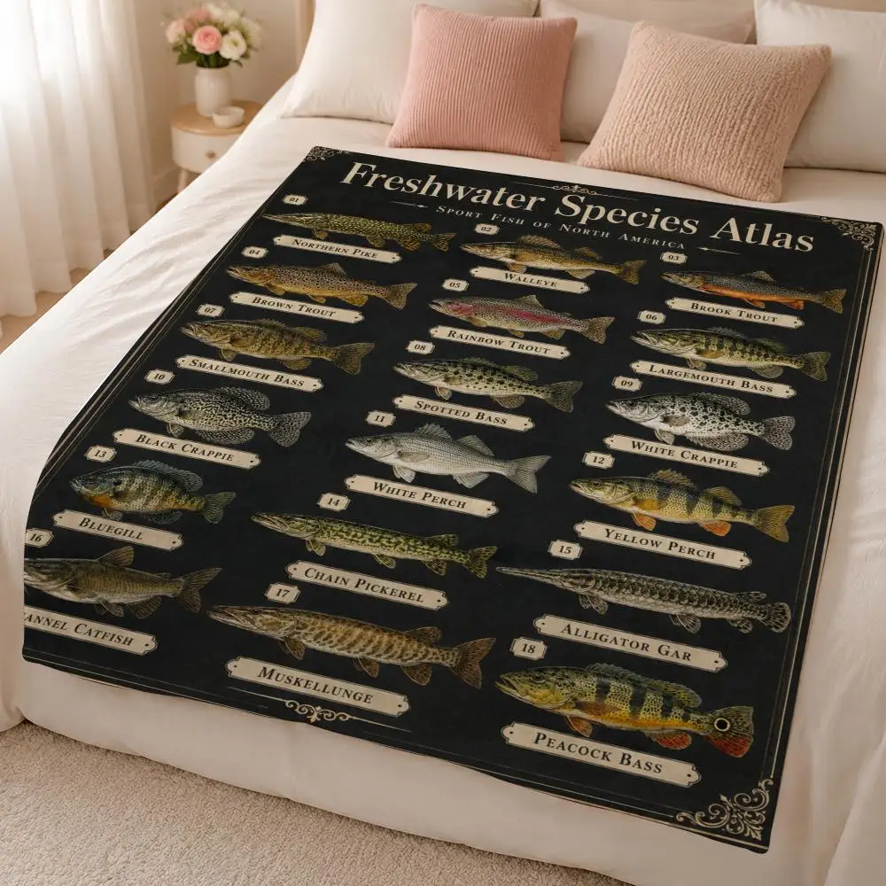 Freshwater Fish Species Vintage Atlas Graphic Throw 320g Soft Flannel Fleece Throw Blanket Cover Sofa Bed Dorm Nap