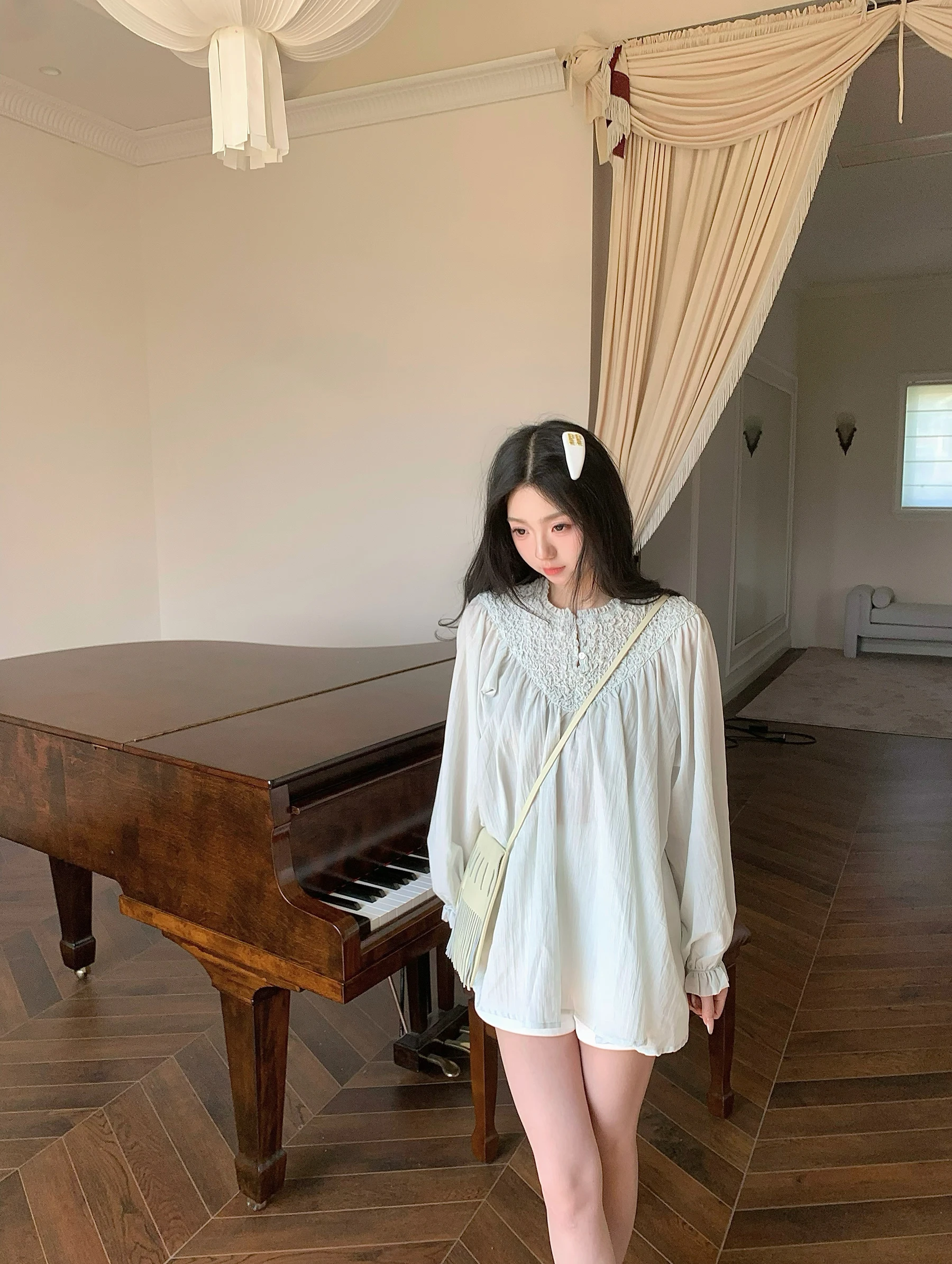 

Sweet Style Long Sleeve Shirts Heavy Work Chiffon Top Princess Loose Fit Polyester Fabric Breathable Skin-Friendly Spring Col...