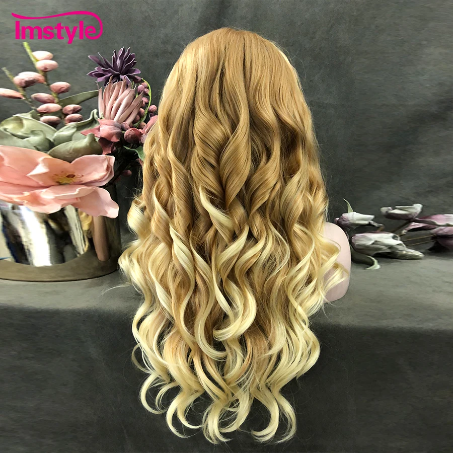 Imstyle Ombre Blonde Wig Wavy Synthetic Lace Front Wig Two Tone Long Hair Heat Resistant Fiber Cosplay Wigs