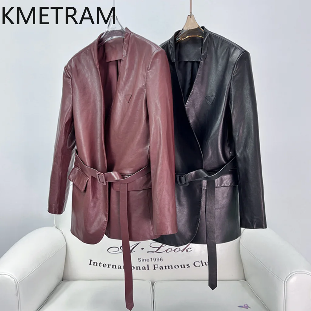 100 % echte Schaffelljacke für Damen, elegante V-Ausschnitt-Jacken aus echtem Leder für Damen mit Schnürung, 2025, Herbst-Damenkleidung