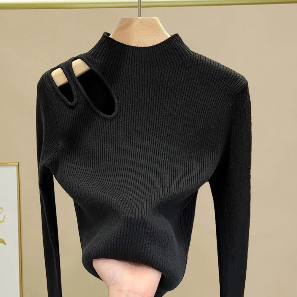 Women Top Soft Stretchy T-shirt Cozy Knitted Sweater for Women Stylish Half-high Collar Pullover with Hollow Out for Ladies