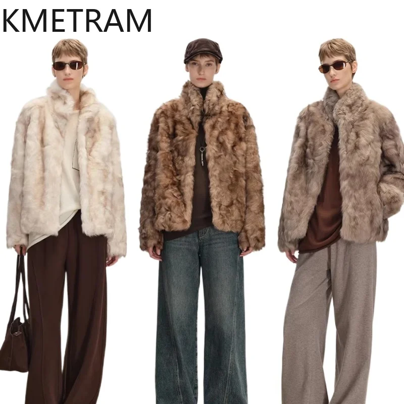 

KMETRAM 100% Wool Coats for Woman Fashionable Two-Tone Stand Collar Curly Sheep's Wool Jacket Winter Clothes 2026 пальто женское