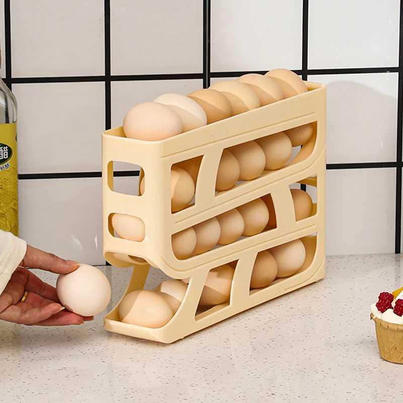 Refrigerator Egg Storage Box Plastic Space Saving Automatic Scrolling Egg Holder Large Capacity Egg Dispenser For Kitchen