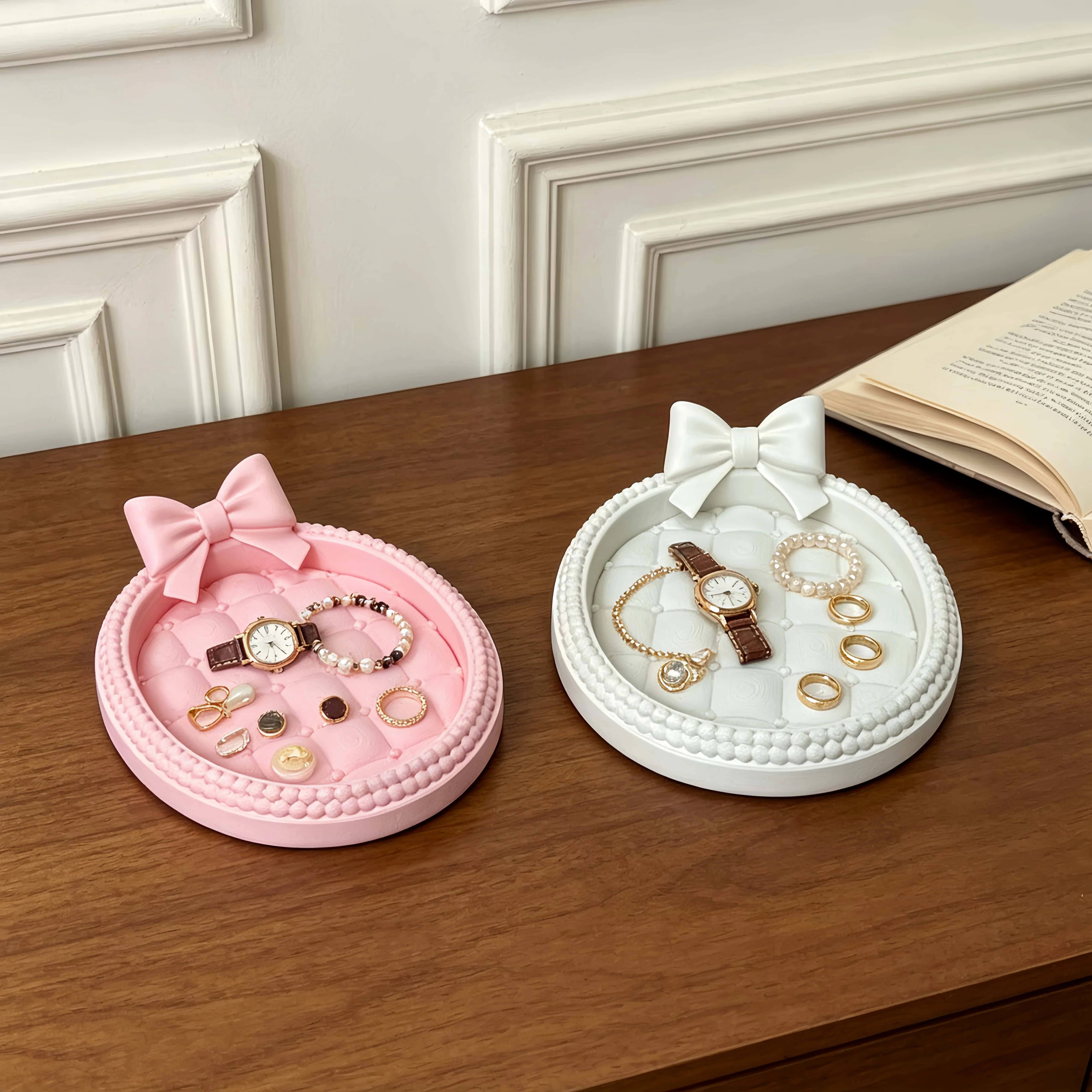 Bow Decor Jewelry Tray, Cute Oval Vanity Organizer, Pink & White Dresser Tray for Rings Earrings Necklaces Keys and Small Items view 5