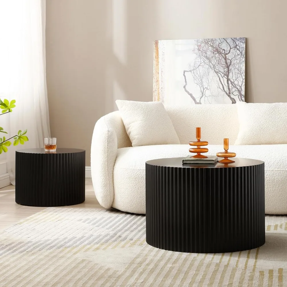 Conjunto de mesa de centro circular aninhada de 2 peças, mesa moderna feita à mão com borda de madeira, conjunto de mesa de centro circular com design em relevo